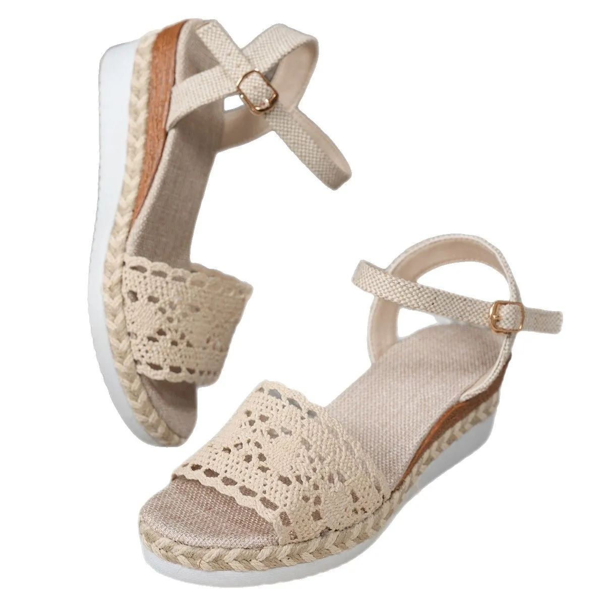 Beige closed toe wedge sandals with buckle fastening and leather upper for women