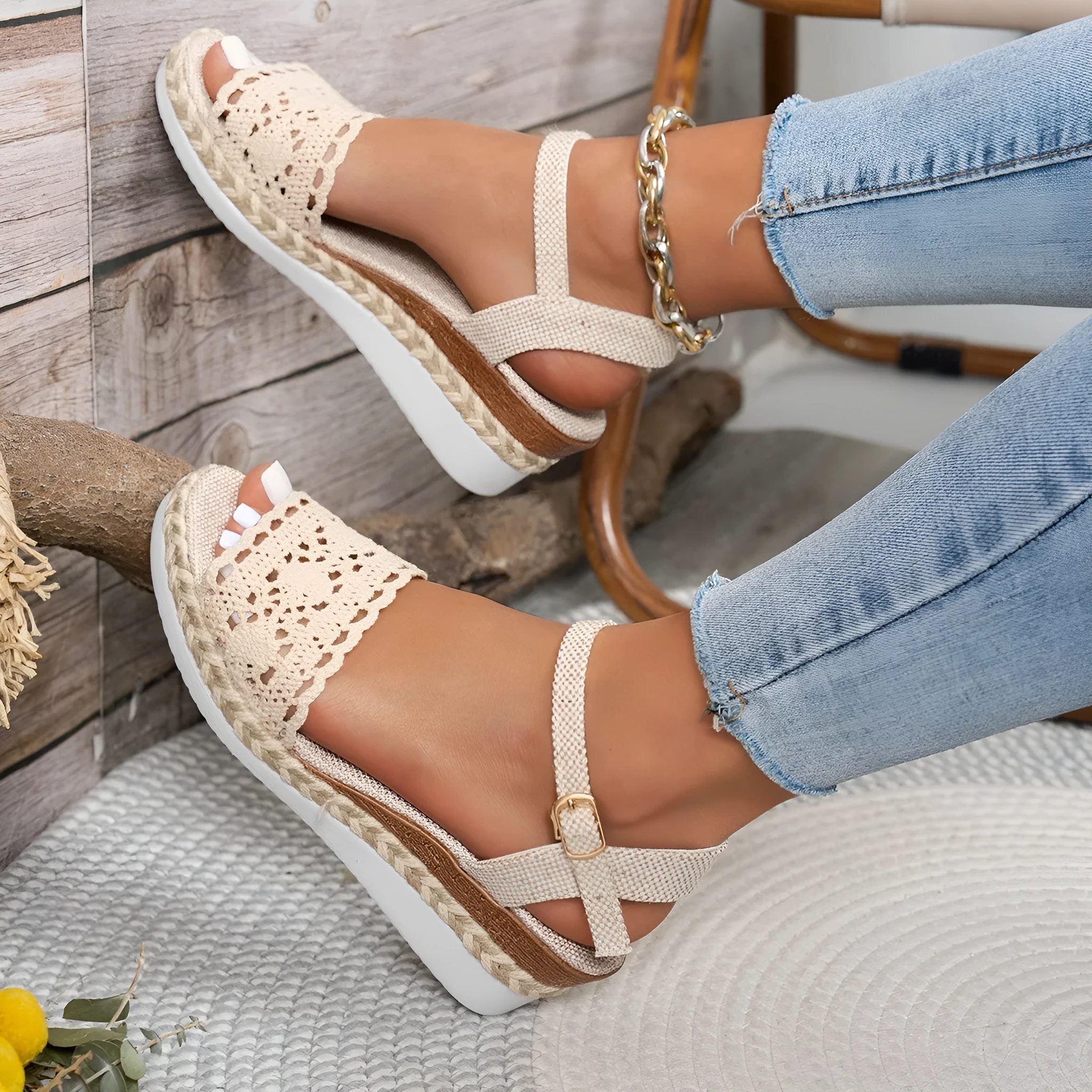 Beige closed toe wedge sandals with buckle fastening and leather upper for women