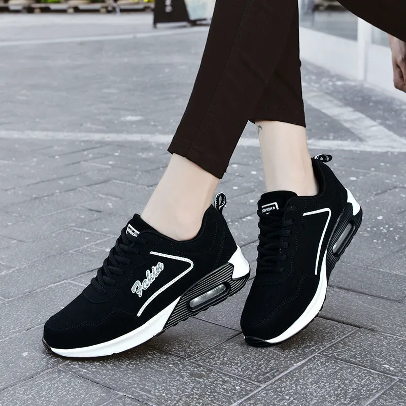 Women's plus size air cushion sports shoes, artificial leather, round toe, lace-up, low top, flat heel, in black pink colourway