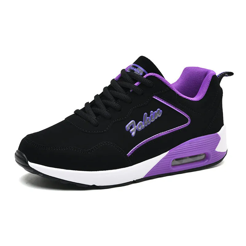 Women's plus size air cushion sports shoes, artificial leather, round toe, lace-up, low top, flat heel, in black pink colourway