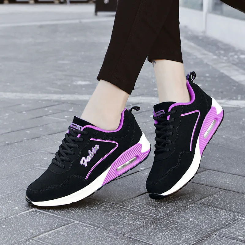 Women's plus size air cushion sports shoes, artificial leather, round toe, lace-up, low top, flat heel, in black pink colourway