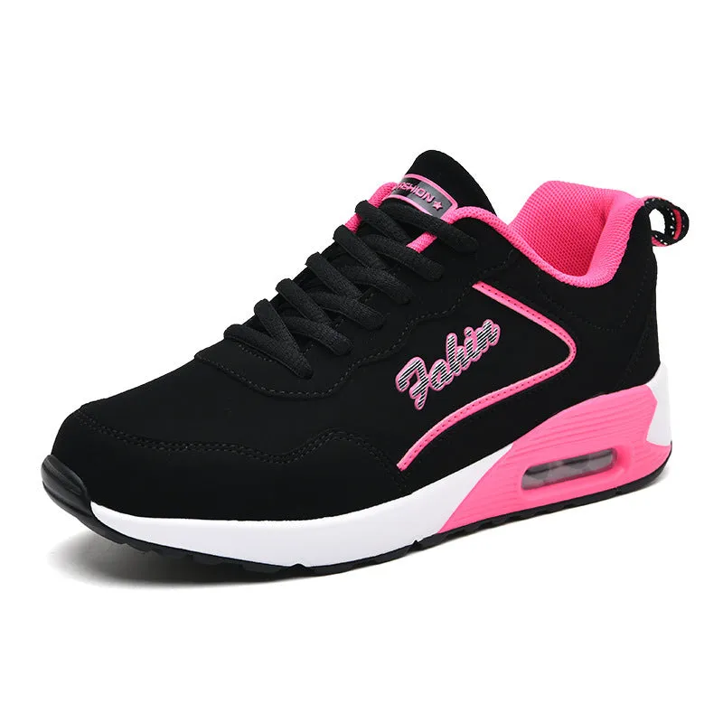 Women's plus size air cushion sports shoes, artificial leather, round toe, lace-up, low top, flat heel, in black pink colourway