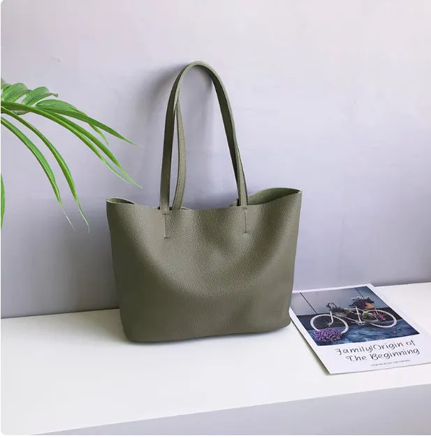 Lightweight medium cowhide leather tote bag for women with zip closure and double joint shoulder strap
