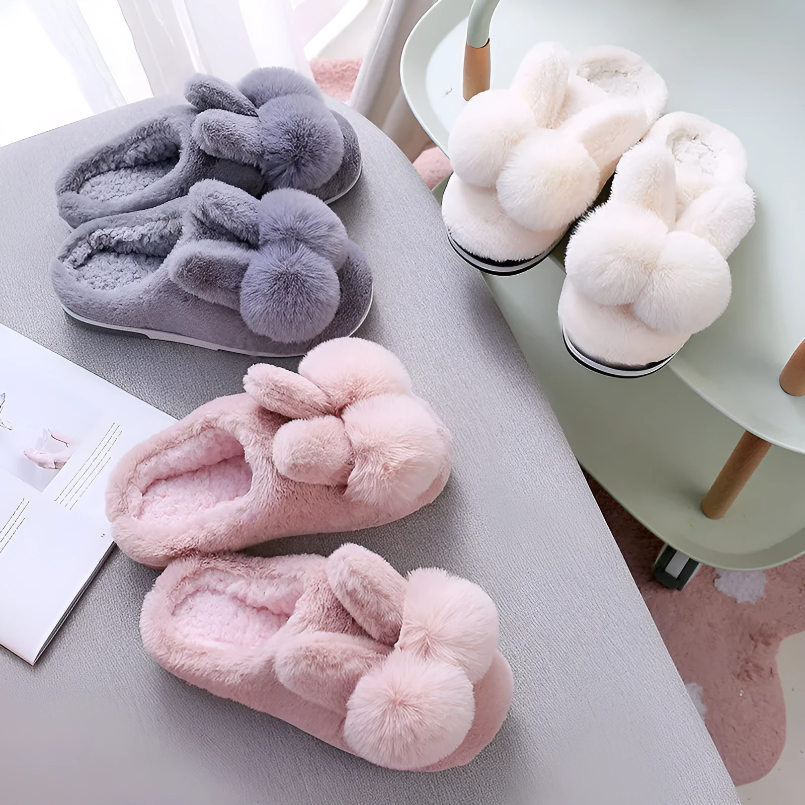 Women's fluffy rabbit fur slippers with floral pattern, high upper, and low heel in multiple colours.