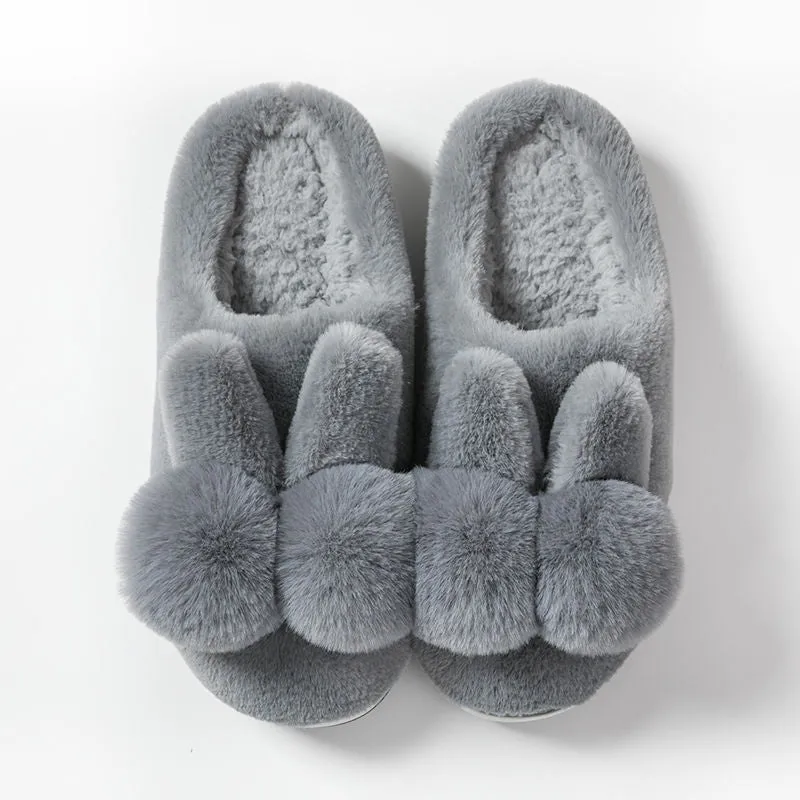 Women's high-top bunny fluffy slippers in creamy white with a flower pattern and rabbit fur.
