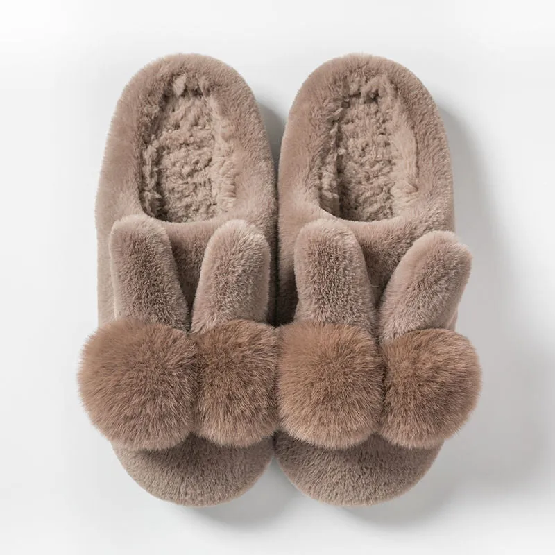 Women's fluffy rabbit fur slippers with floral pattern, high upper, and low heel in multiple colours.