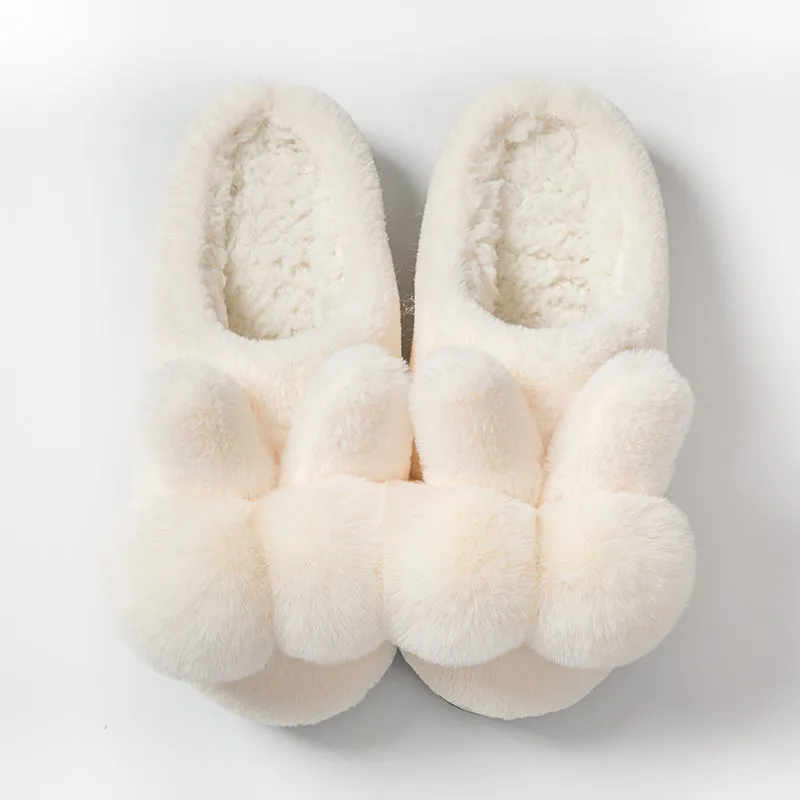 Women's high-top bunny fluffy slippers in creamy white with a flower pattern and rabbit fur.