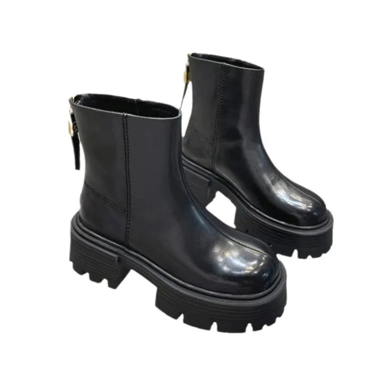 Children's chunky heel short boots in faux PU leather, black colour, round toe, back zipper, low tube design