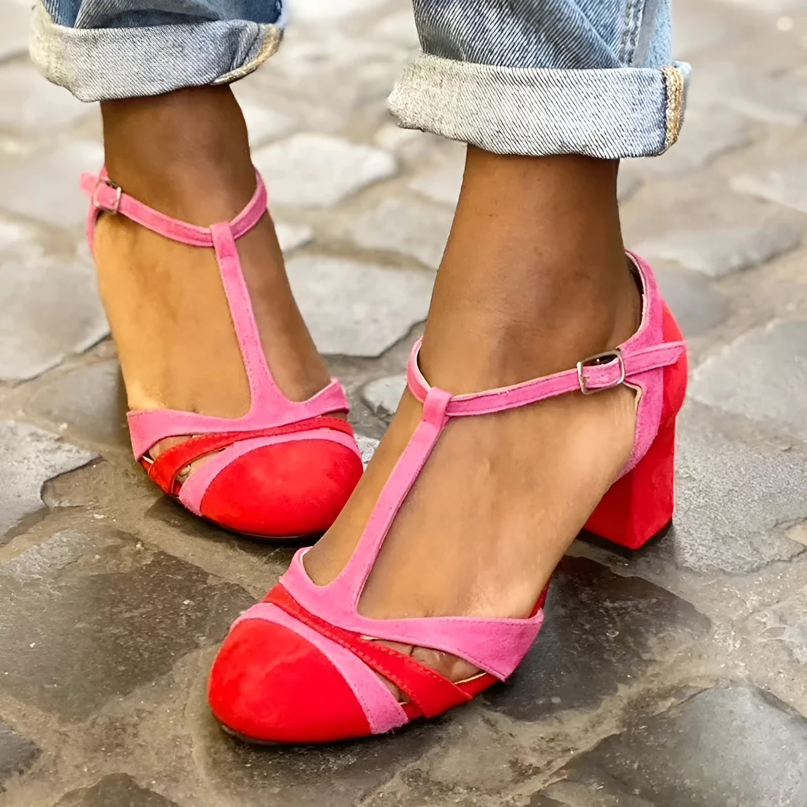 Women's suede high heel sandals in red with round toe and 6-8cm heel