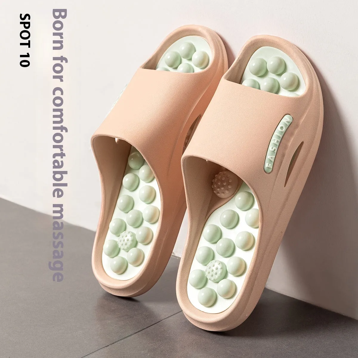 Ball massage sandals in purple, non-slip PVC with grape-particle studs, side view