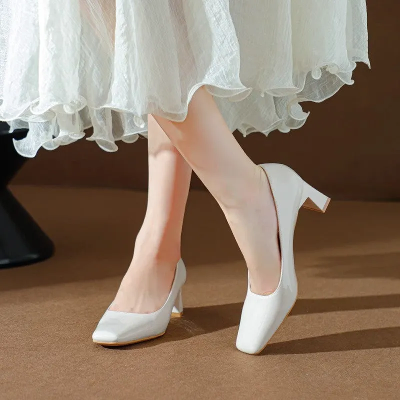 Classic style patent PU square toe mid heel pumps for women in nude pink