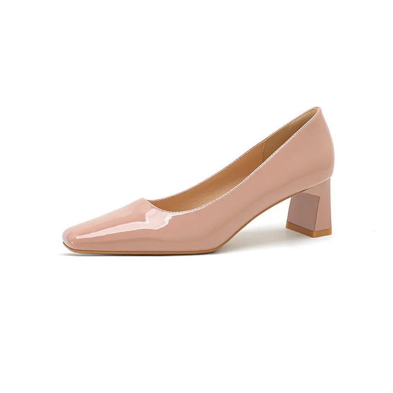 Classic style patent PU square toe mid heel pumps for women in nude pink