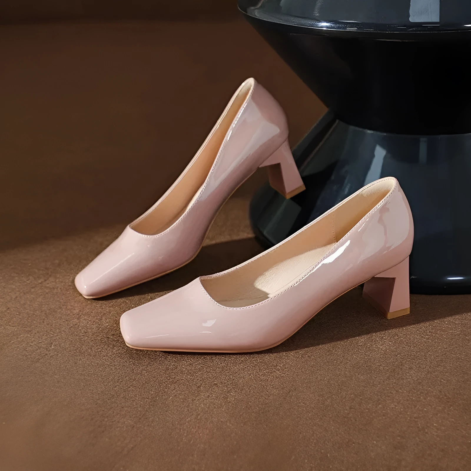 Classic style patent PU square toe mid heel pumps for women in nude pink