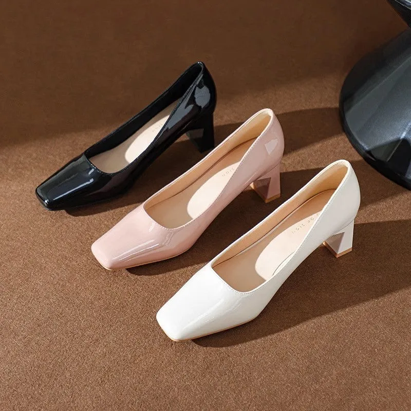Classic style patent PU square toe mid heel pumps for women in nude pink