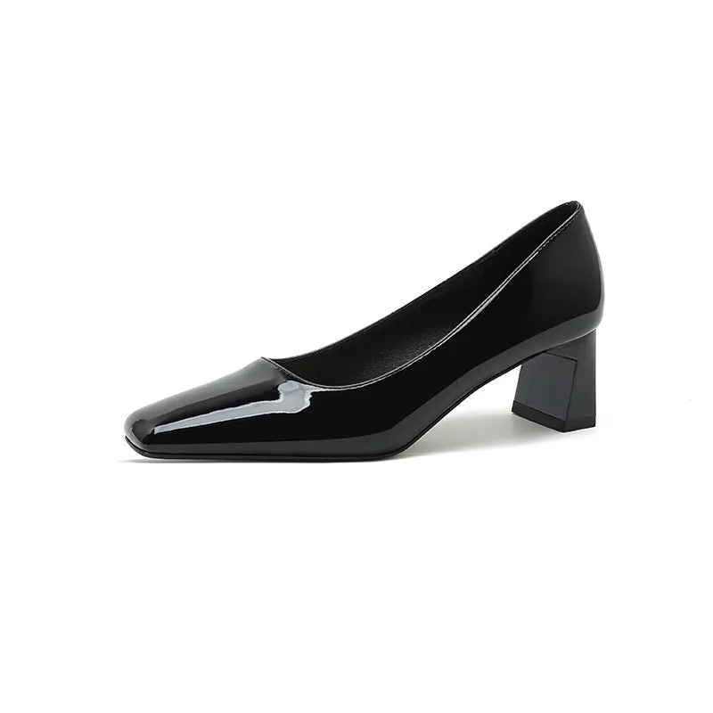 Classic style patent PU square toe mid heel pumps for women in nude pink