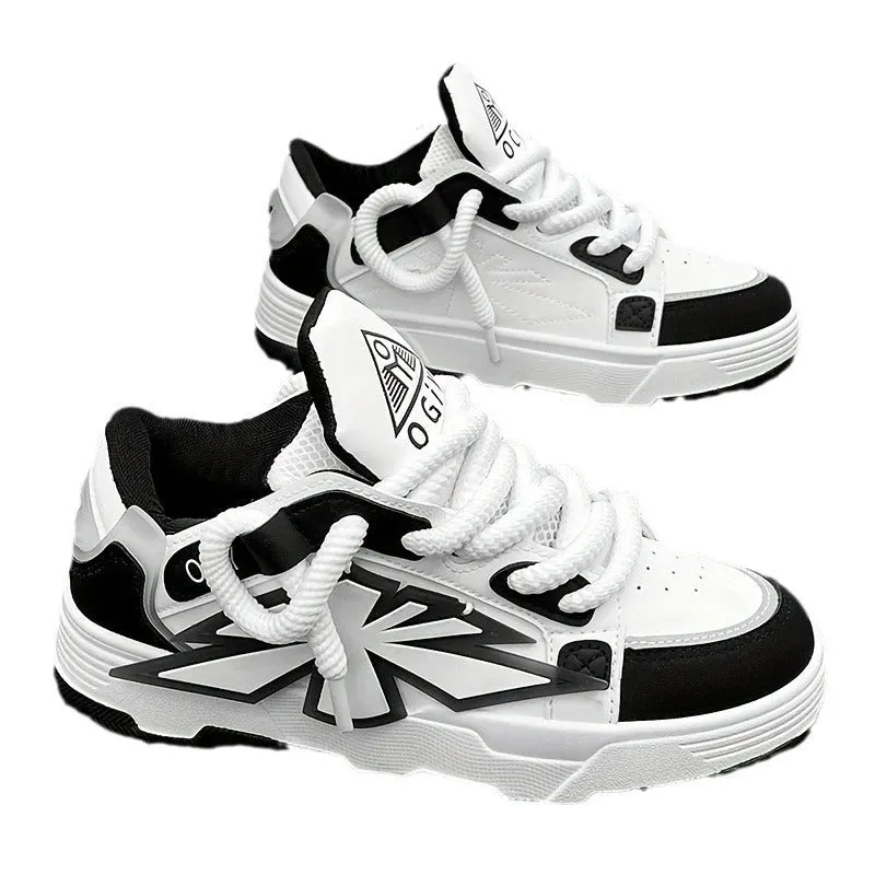 Men's white chunky sneakers with a cartoon pattern, round toe, and thick rubber sole on a plain background.