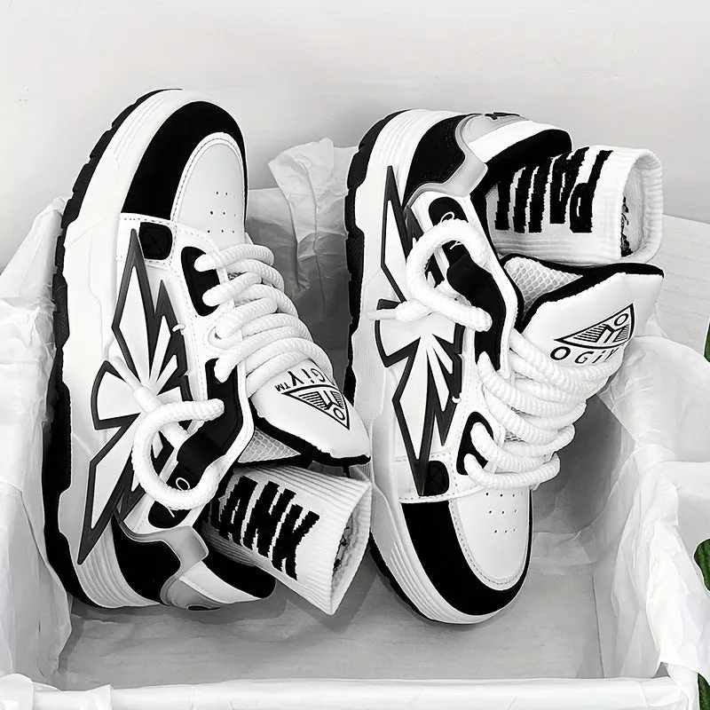 Men's white chunky sneakers with a cartoon pattern, round toe, and thick rubber sole on a plain background.