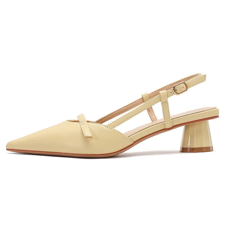 Women's chunky heel pointed sandals in beige with leather-look stitching and rubber sole