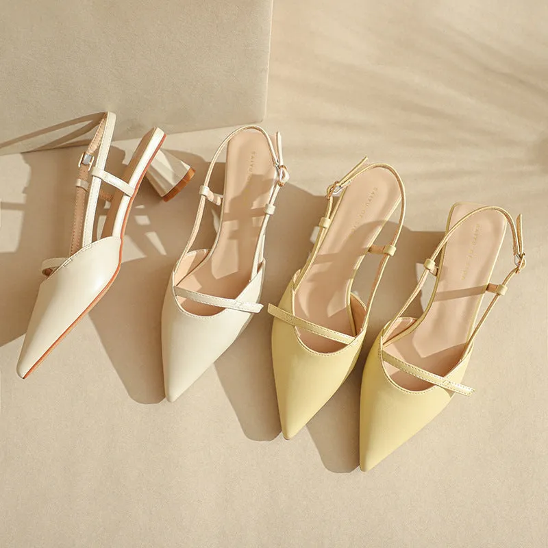 Women's chunky heel pointed sandals in beige with leather-look stitching and rubber sole