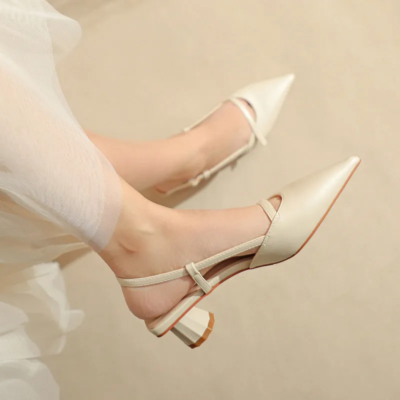Women's chunky heel pointed sandals in beige with leather-look stitching and rubber sole