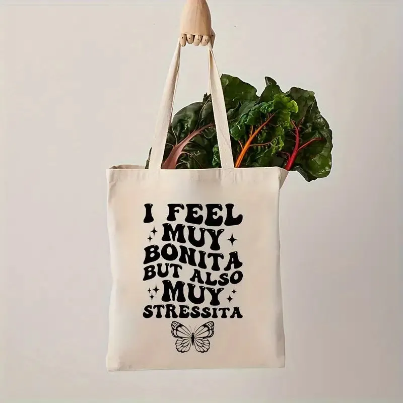 Women's canvas tote bag with printed letter pattern and chain detail in urban simplicity style