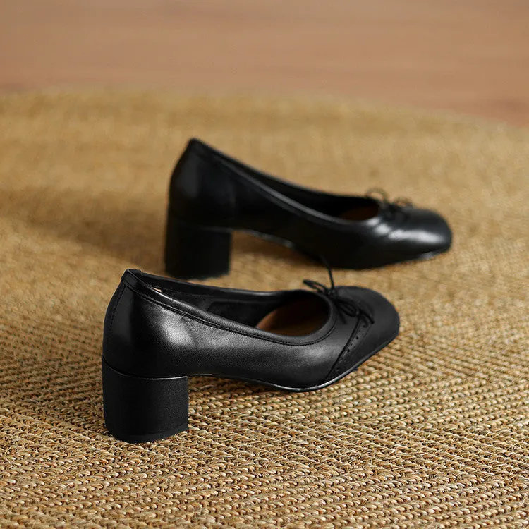 Women's round toe mid heel chunky leather pumps in solid colour with bow detail