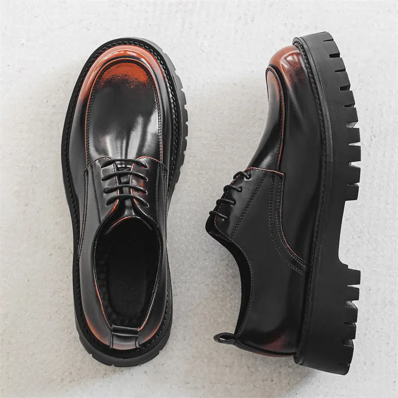 Platform height increasing casual leather shoes in black with round toe and front lace-up closure