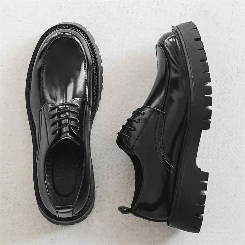 Platform height increasing casual leather shoes in black with round toe and front lace-up closure