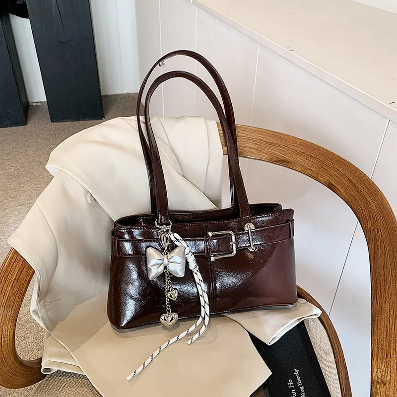 PU textured horizontal square underarm shoulder handbag in urban simplicity style with sewing thread detail, available in multiple colours