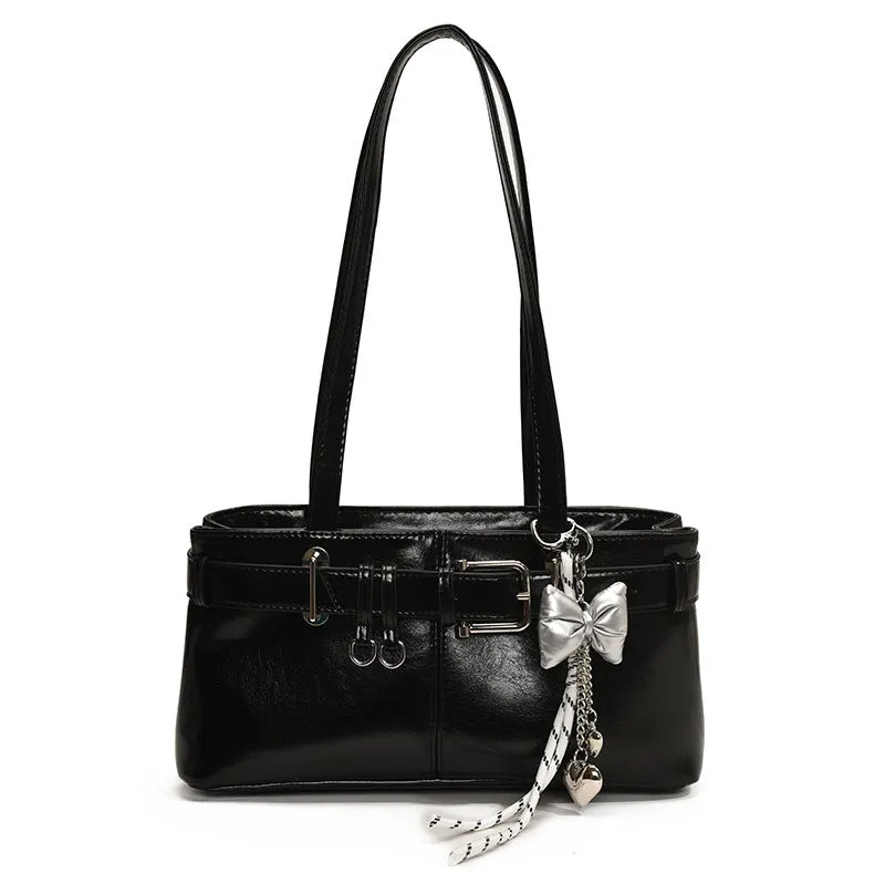 PU textured horizontal square underarm shoulder handbag in urban simplicity style with sewing thread detail, available in multiple colours