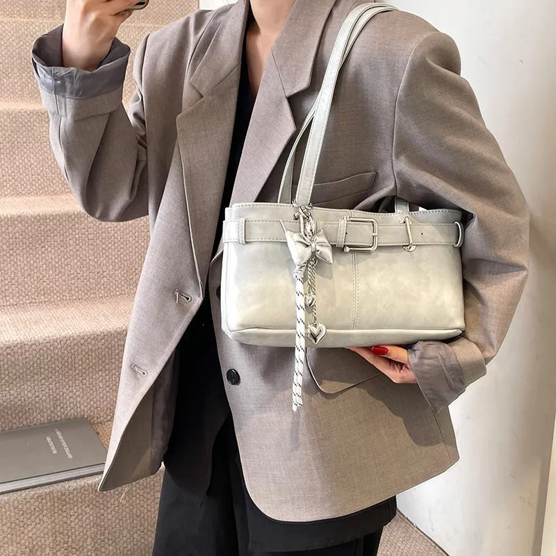 PU textured horizontal square underarm shoulder handbag in urban simplicity style with sewing thread detail, available in multiple colours