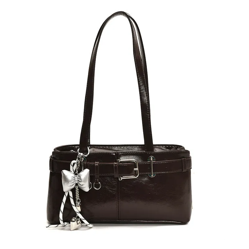 PU textured horizontal square underarm shoulder handbag in urban simplicity style with sewing thread detail, available in multiple colours