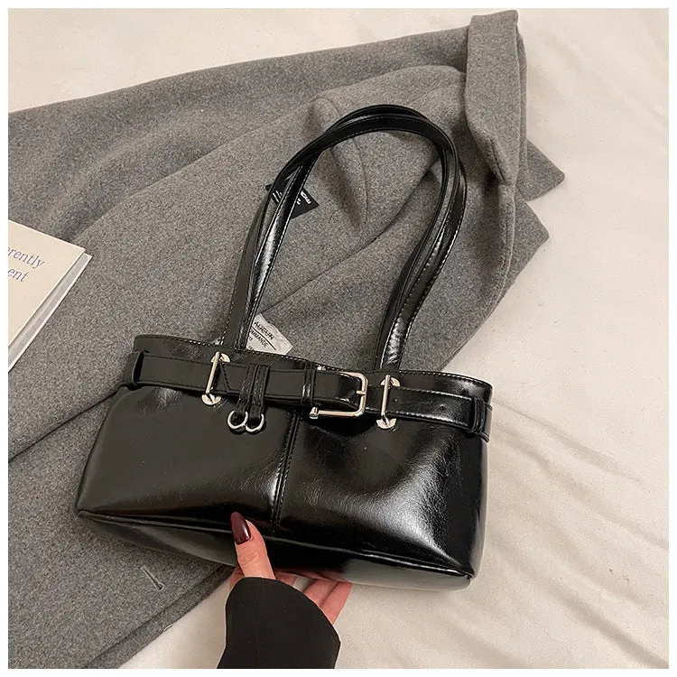 PU textured horizontal square underarm shoulder handbag in urban simplicity style with sewing thread detail, available in multiple colours