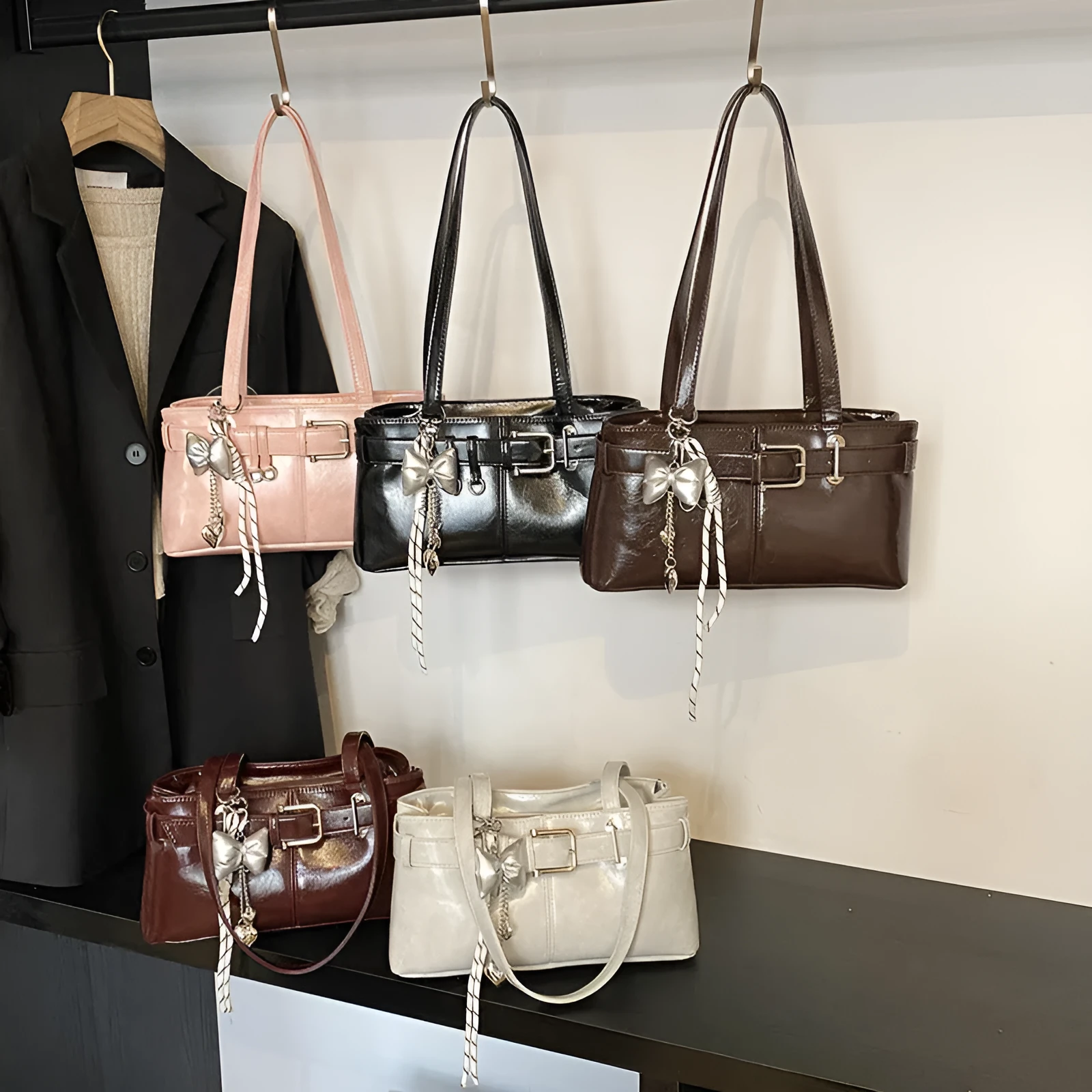 PU textured horizontal square underarm shoulder handbag in urban simplicity style with sewing thread detail, available in multiple colours