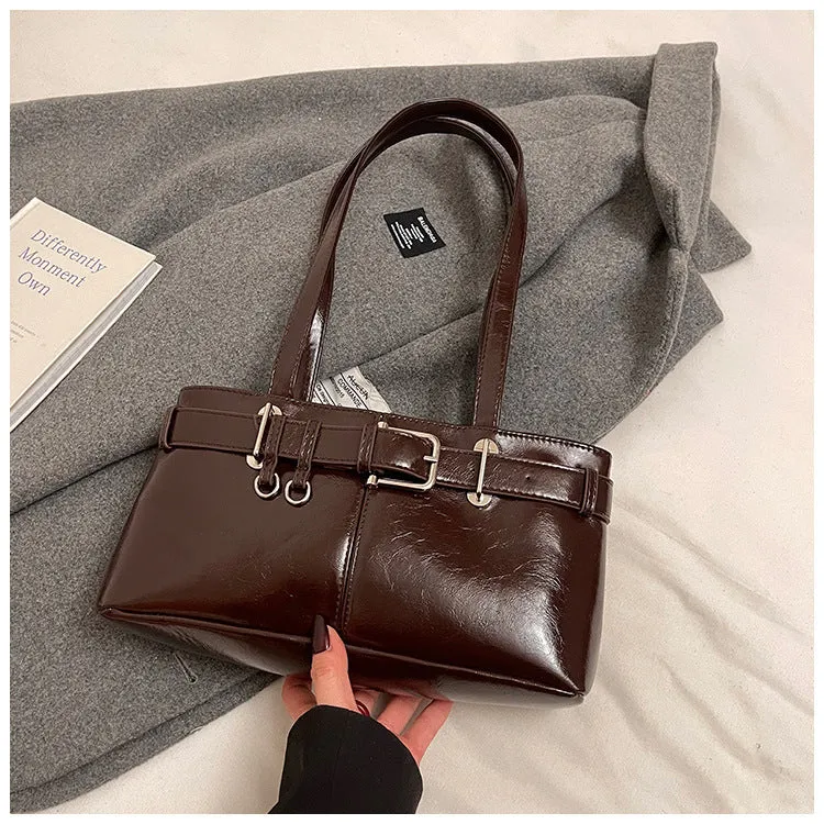 PU textured horizontal square underarm shoulder handbag in urban simplicity style with sewing thread detail, available in multiple colours