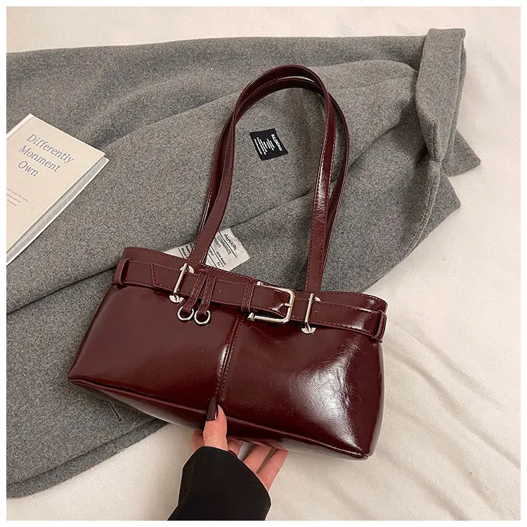 PU textured horizontal square underarm shoulder handbag in urban simplicity style with sewing thread detail, available in multiple colours