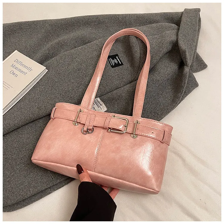 PU textured horizontal square underarm shoulder handbag in urban simplicity style with sewing thread detail, available in multiple colours