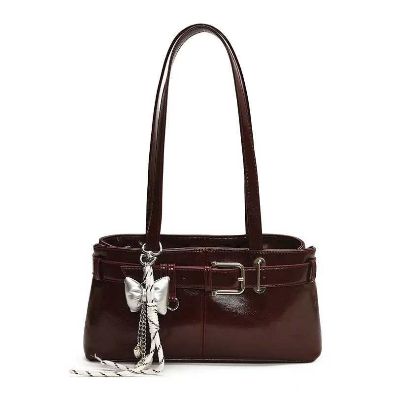 PU textured horizontal square underarm shoulder handbag in urban simplicity style with sewing thread detail, available in multiple colours