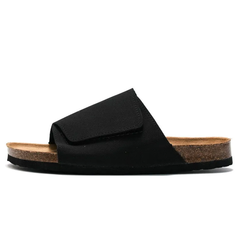 Men's retro cork-style platform slippers with frosted artificial PU upper in camel colour, rubber sole, slip-on design