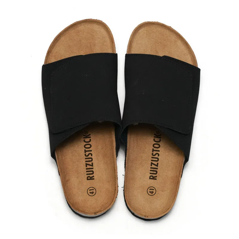 Men's retro cork-style platform slippers with frosted artificial PU upper in camel colour, rubber sole, slip-on design