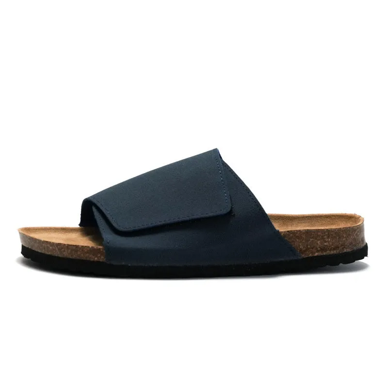 Men's retro cork-style platform slippers with frosted artificial PU upper in camel colour, rubber sole, slip-on design