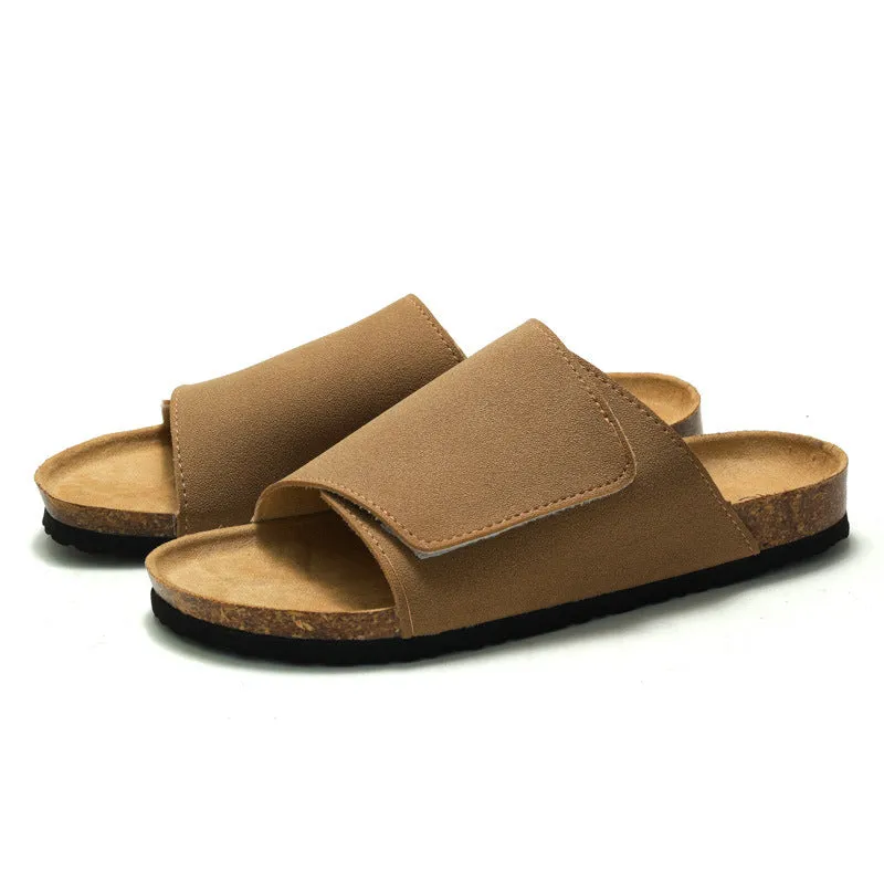 Men's retro cork-style platform slippers with frosted artificial PU upper in camel colour, rubber sole, slip-on design
