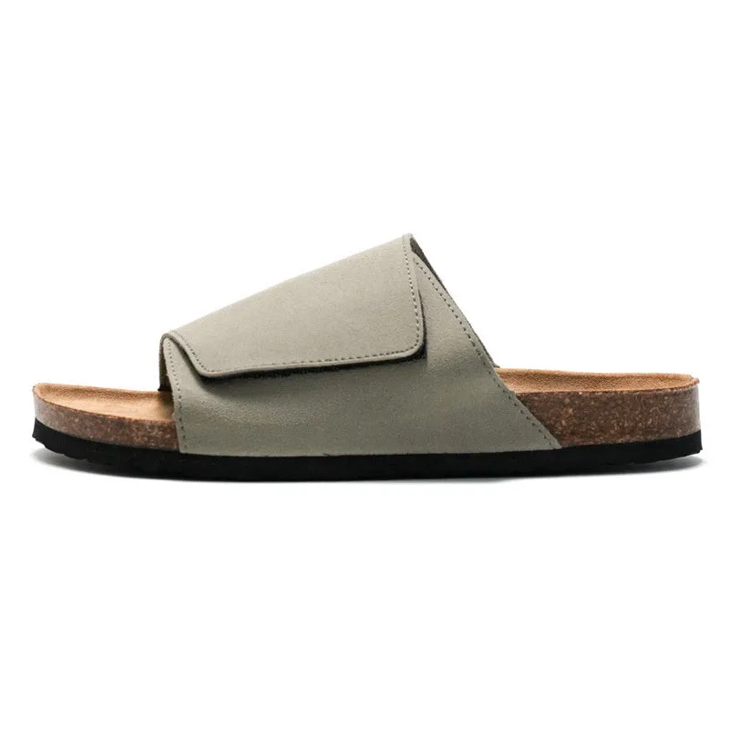Men's retro cork-style platform slippers with frosted artificial PU upper in camel colour, rubber sole, slip-on design
