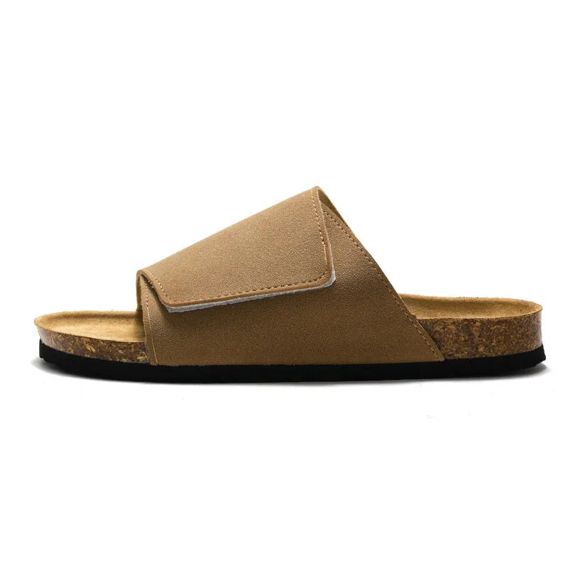 Men's retro cork-style platform slippers with frosted artificial PU upper in camel colour, rubber sole, slip-on design