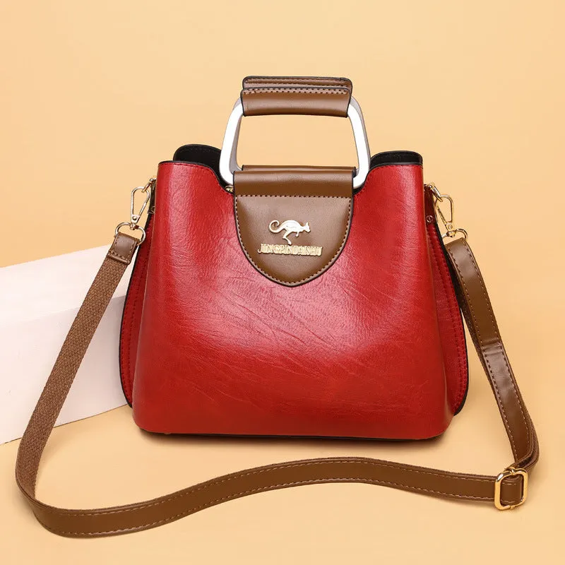 Large capacity PU leather tote bag in black, crossbody style, horizontal square shape with sewing line details