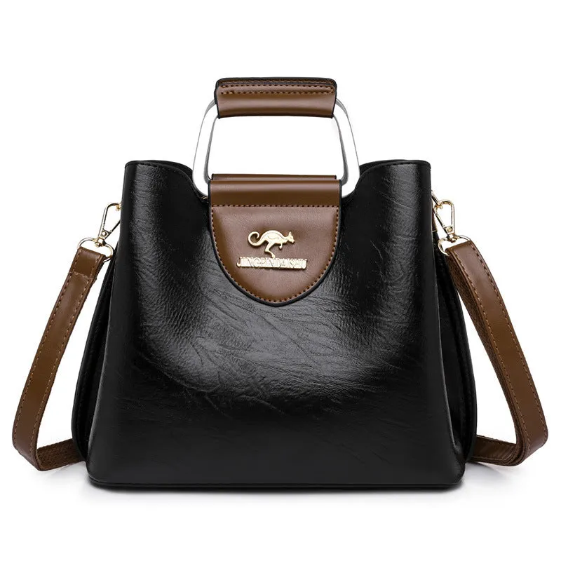 Large capacity PU leather tote bag in black, crossbody style, horizontal square shape with sewing line details