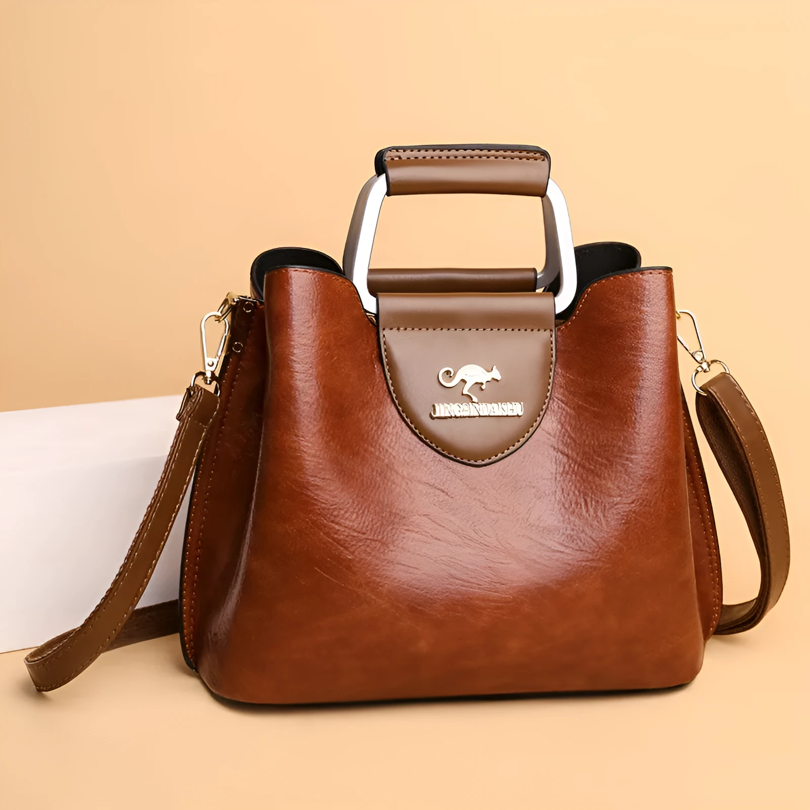 Large capacity PU leather tote bag in black, crossbody style, horizontal square shape with sewing line details