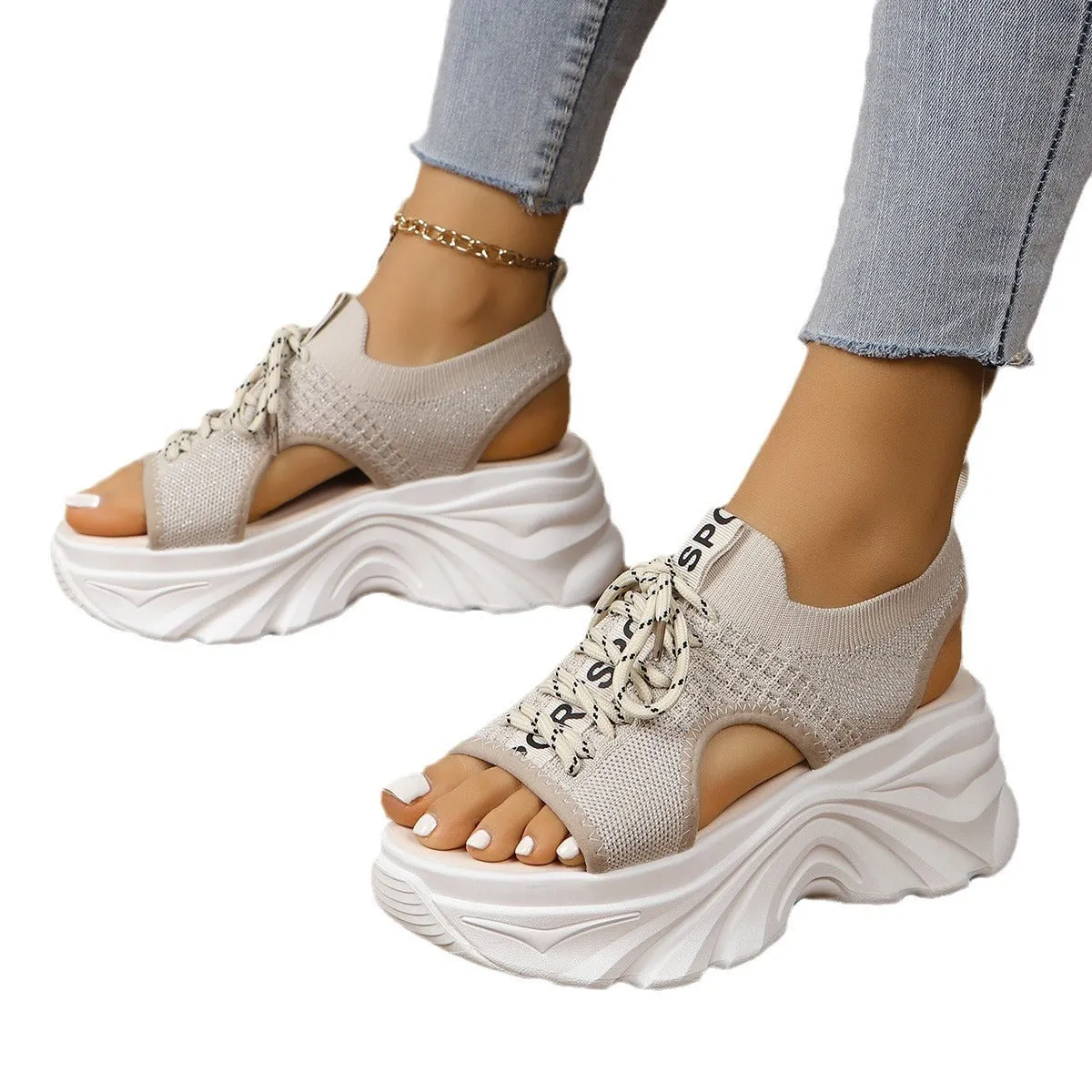 Women's hollowed-out mid heel mesh platform sandals in beige, front lace-up, round toe