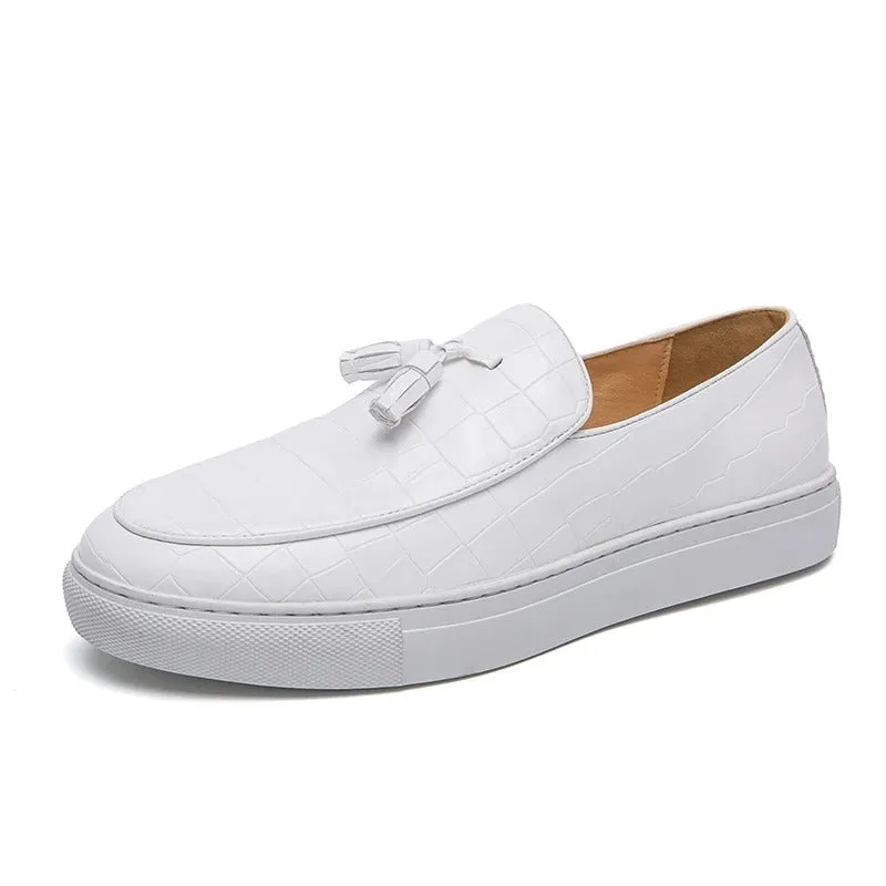 Plus size men's artificial PU leather sneakers with round toe and rubber sole in black, brown, or white