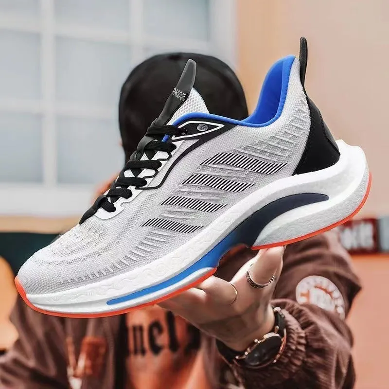 Breathable low-top casual sports shoes with cloth lining in black, orange, and white blue